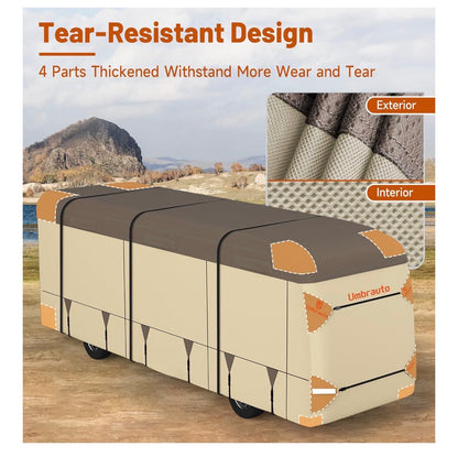 Class A RV Cover 37 Ft-40 Ft. Upgraded Heavy Duty 9 Layers Top Class A Motor Home Cover, Windproof & Breathable Toy Hauler Trailer Covers Includes 3 Extra Straps & Gutter Covers (Brown/Beige) (New in Box)
