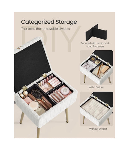 SONGMICS Vanity Stool Chair with Storage, Metal Legs, Max Load 440lbs Makeup Stool, Footrest Footstool Ottoman, for Living Room, Bedroom, Makeup Room (Cream White) (New in Box)