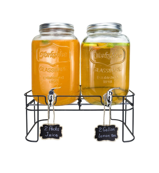 2 Gallon Larger Glass Drink Dispenser for Parties, 2 Packs Juice Lemonade Ice Tea Water Dispenser with Stand, Henable Beverage Dispensers with Spigot for BBQ, Picnic, Party (New in Box)