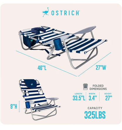 Ostrich The Heavy Duty Backpacker, Portable Beach Chair with Face Hole Adjustable Lounge Chair with Cup Holder 325lb Capacity (Blue Stripes) (New in Box)