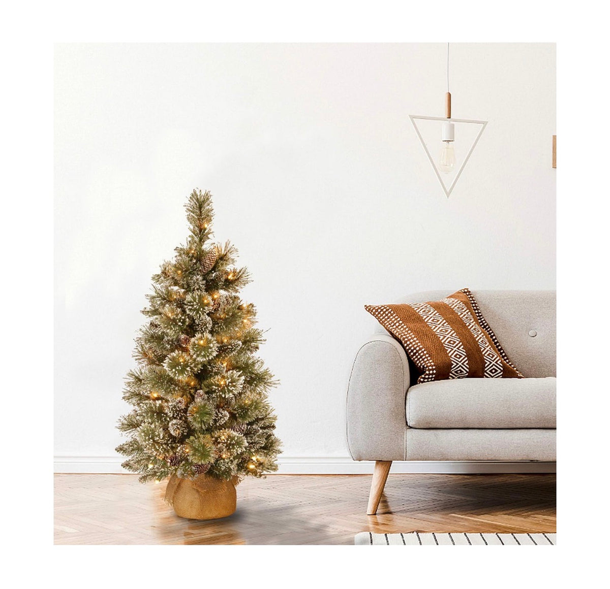 National Tree Company 3 Ft. Pre-Lit Glittery Bristle Mini Christmas Tree 35 Warm LED Light 144 Tips Pinecones Burlap Base Timer Artificial Green (New in Box)