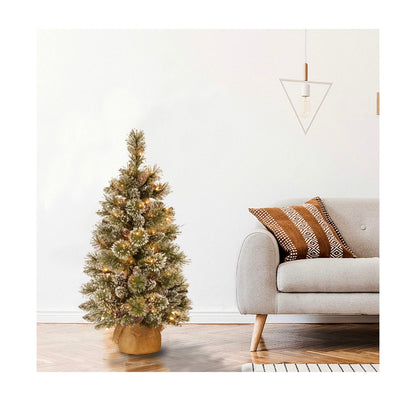 National Tree Company 3 Ft. Pre-Lit Glittery Bristle Mini Christmas Tree 35 Warm LED Light 144 Tips Pinecones Burlap Base Timer Artificial Green (New in Box)