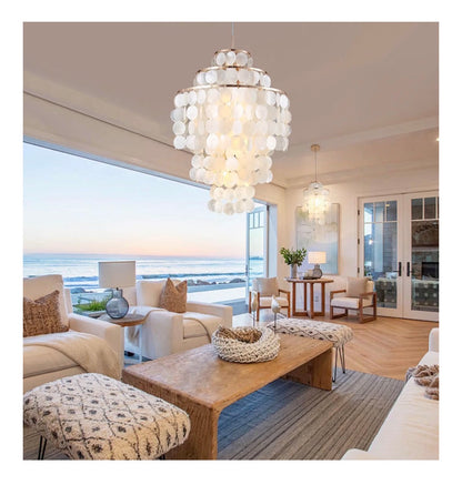 Capiz Shell Chandelier 18 Inch Gold Coastal Chandelier Light Fixture with 4 Lights Capiz Seashell Pendant for living Room Foyer, Kitchen Island Entryway, Dining Room Bedroom, LED Bulb Included (New in Box)