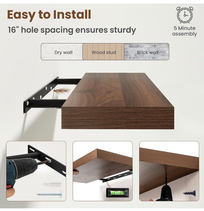 24 Inch Floating Shelves for Wall, 8 Inch Deep, Invisible Brackets, Walnut Rustic Wall Mounted Shelf, Storage & Display, Wooden Shelves for Living Room, Kitchen, Bathroom and Home Decor Set of 2 (New in Box)