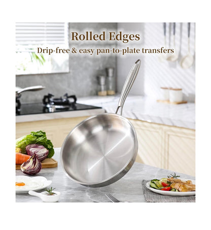 Delario Tri-Ply Stainless Steel Pan, 18/10, 8 Inch, 10 Inch, 12 Inch Nontoxic Durable Oven Safe 800 Degrees Fahrenheit All Cooktops Compatible Fast Even Heat PFOA Free Large Frying Pan Nontoxic Cookware (Stainless Steel) (New in Box)