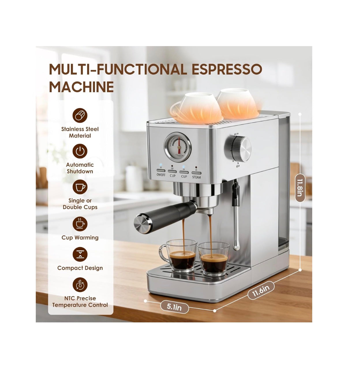 Espresso Machine 20 Bar with Milk Frother, Stainless Steel 47 oz Water Tank, Warm Cup & Auto Shut Off (Silver) (New in Box)