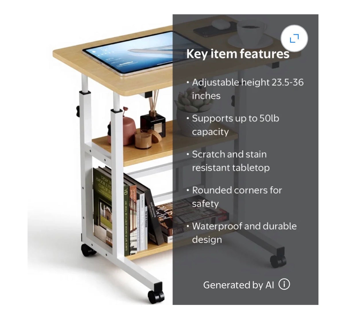 Portable rolling Desk on Wheels, Height Adjustable Desk with 2 Tier Storage Shelves, Standing Table for Office (Natural color) (New in Box)