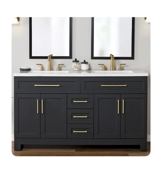 Cauley 60 Inch Black Double Sink Bathroom Vanity with White Cultured Marble Top (New in Box)