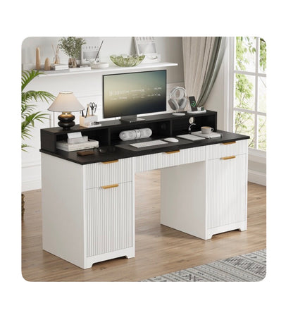 Office Desk Computer Table with Power Outlets and Monitor Stand 59 Inch Modern/Contemporary (White) (New in Box)
