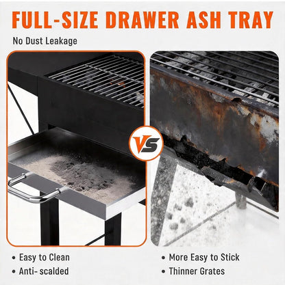 Charcoal BBQ Grill - Black with 2 side tables, charcoal tray, thermometer for backyard outdoor cooking