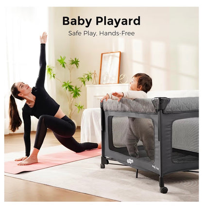 Pamo Babe Pack and Play with Bassinet - 7 in 1 one step setup bedside crib , portable playpen, travel crib, baby play yard with diaper changing station, toy bar & large storage bag