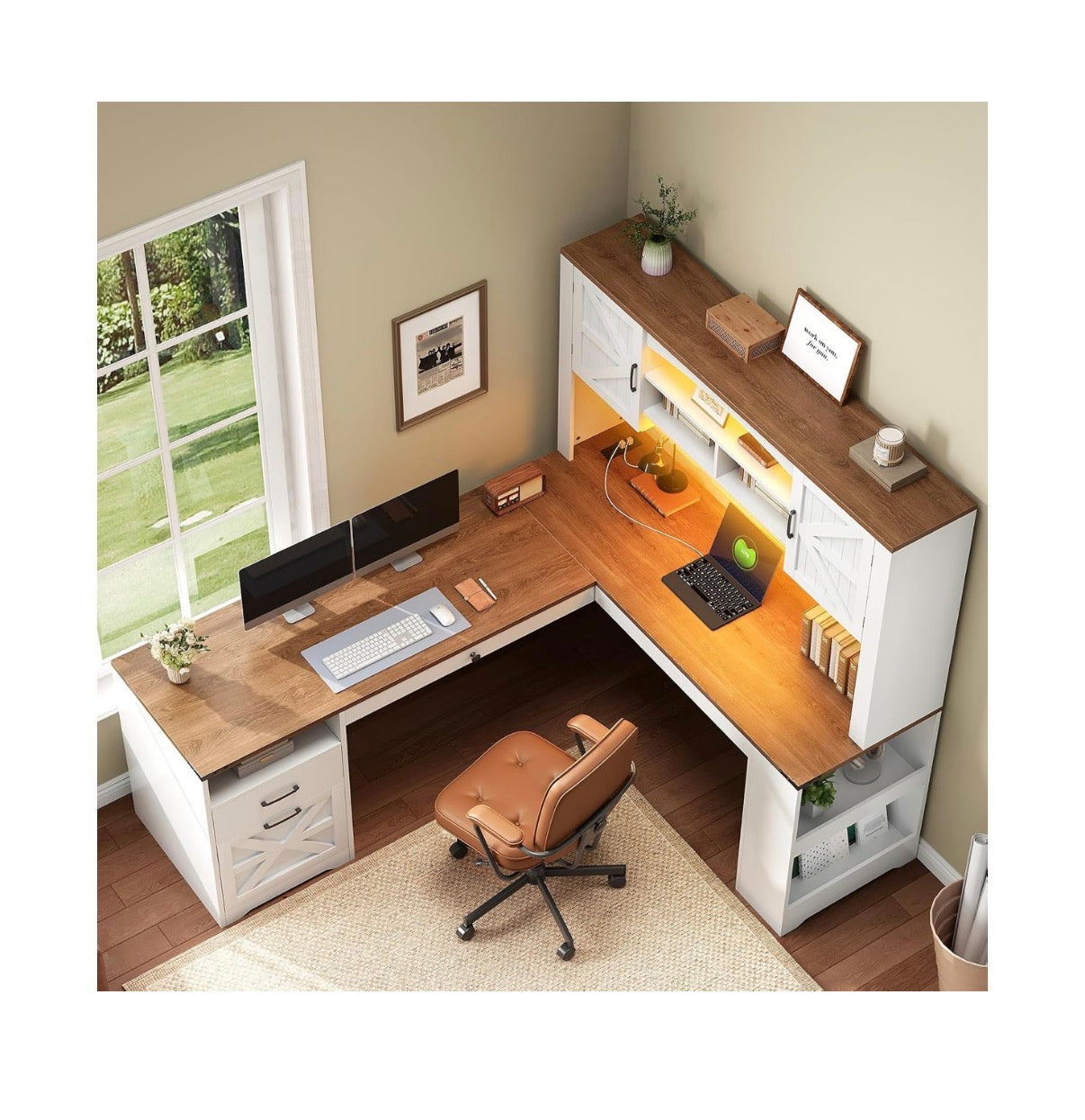 67 Inch L Shaped Executive Desk with Hutch, Farmhouse Corner Computer Desk with File Drawer, Wooden Office Desk with Storage Shelves and LED Lights for Home, Office (White/Walnut) (New in Box;2 boxes)