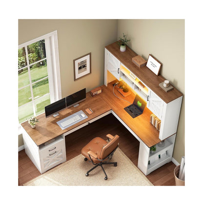 67 Inch L Shaped Executive Desk with Hutch, Farmhouse Corner Computer Desk with File Drawer, Wooden Office Desk with Storage Shelves and LED Lights for Home, Office (White/Walnut) (New in Box;2 boxes)