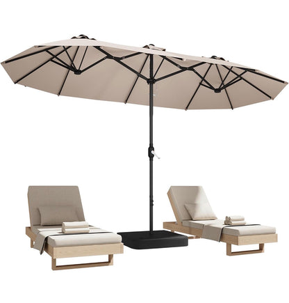 15 Ft. Patio Umbrella with Base large Double Sided Rectangular Umbrella Beige Outdoor Giant Triple Head Umbrella with Crank Handle, Market Umbrella for Poolside, Garden, Deck, Backyard and Beach (New in Box)