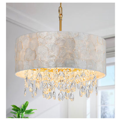 18 Inch Drum Capiz Shell Crystal Chandelier, 4 Light Coastal Style Light Fixture for Dining Room, Living Room, 18 Inch Diameter X 21-68 Inch Adjustable, K9 Crystal, Shell Lampshade & Gold Finish (New in Box)
