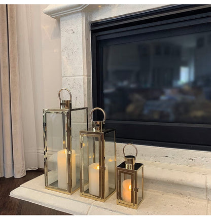 Allgala 3 Piece Lantern Set 23 Inch Jumbo Deluxe Modern Indoor/Outdoor Candle Lantern Set Stainless Steel Frame Tempered Glass Rectangular Gold Color for Garden Poolside, Fireplace, Wedding (New in Box)