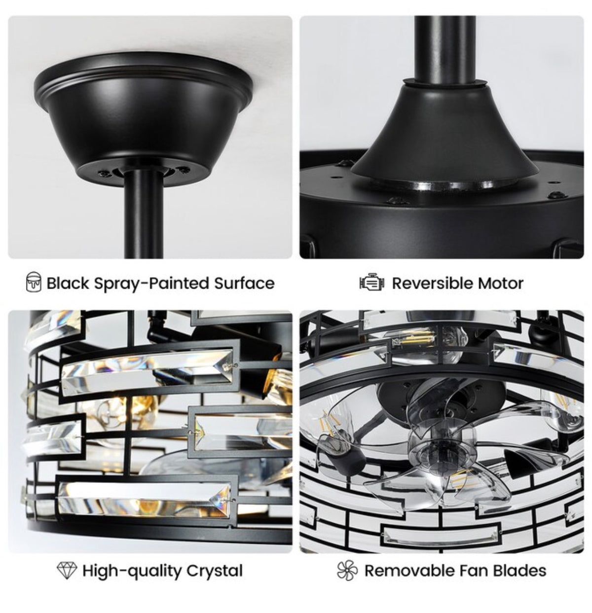 20 Inch Indoor Low-Profile Crystal Enclosed Ceiling Fan with Light 7 Blades Dc Motor Speed Reversible Remote Control (Black) (New in Box)