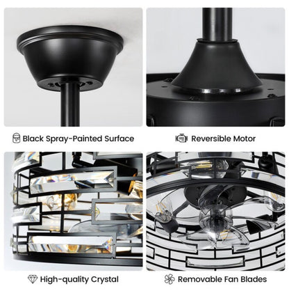 20 Inch Indoor Low-Profile Crystal Enclosed Ceiling Fan with Light 7 Blades Dc Motor Speed Reversible Remote Control (Black) (New in Box)