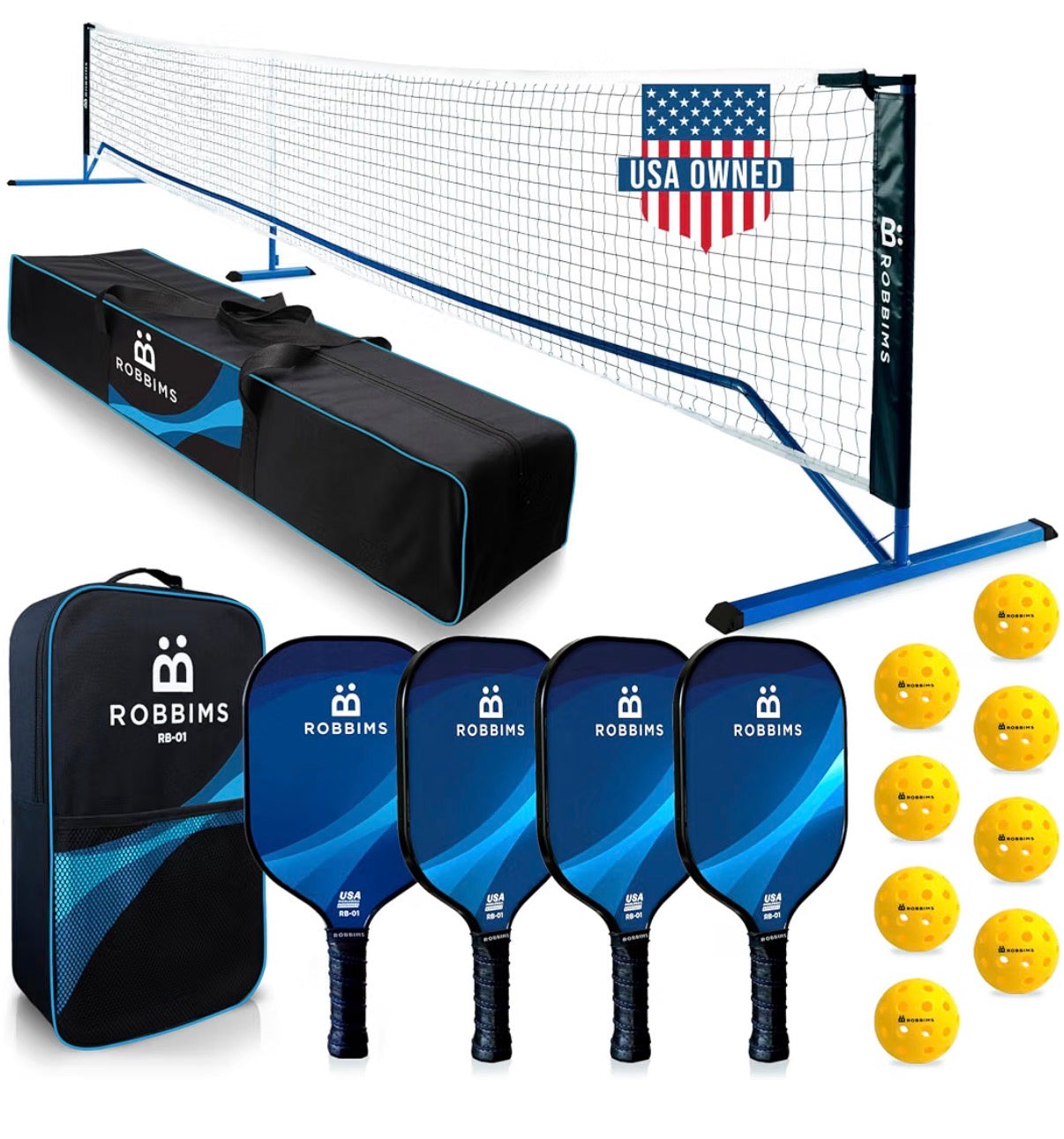 Pickleball Set with Net 4 USA Pickleball Approved Carbon Fiber Paddles, Portable Regulation size Net System, 8 Outdoor Balls, Duffle Bag & Carry Bag (New in Box)