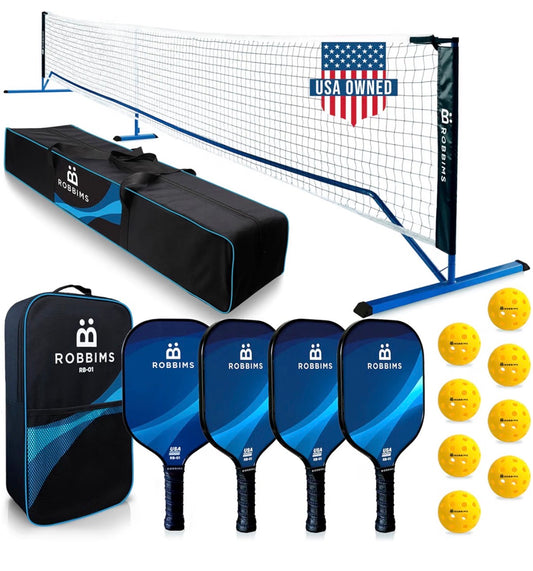 Pickleball Set with Net 4 USA Pickleball Approved Carbon Fiber Paddles, Portable Regulation size Net System, 8 Outdoor Balls, Duffle Bag & Carry Bag (New in Box)