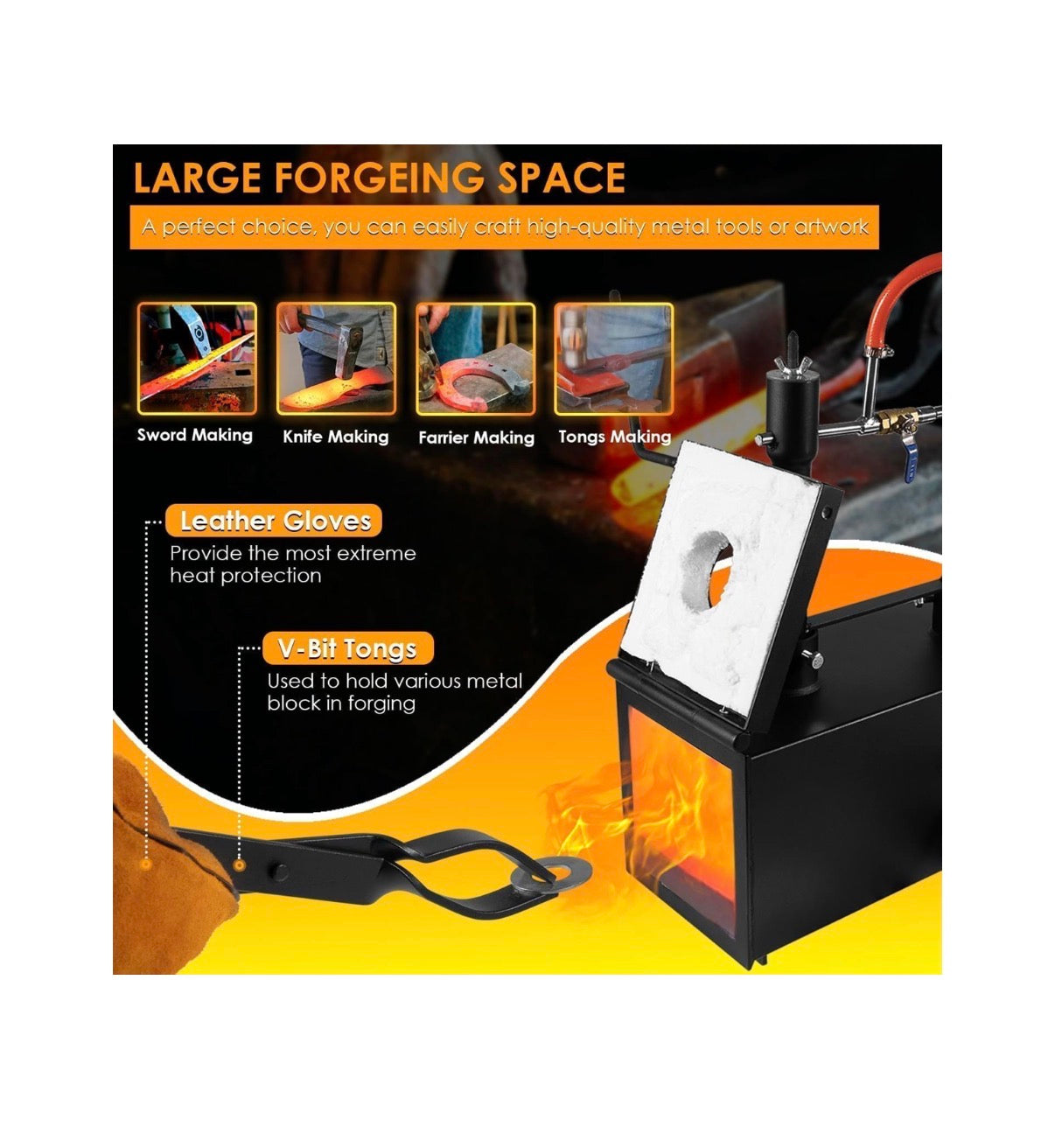 Propane Gas Forge, Triple Burner 2700H Blacksmithing Forge Large Capacity Forge, Square Propane Burner Forge with V-Bit Tongs & Leather Welding Gloves for Farrier, Knife and Tool Making (New in Box)