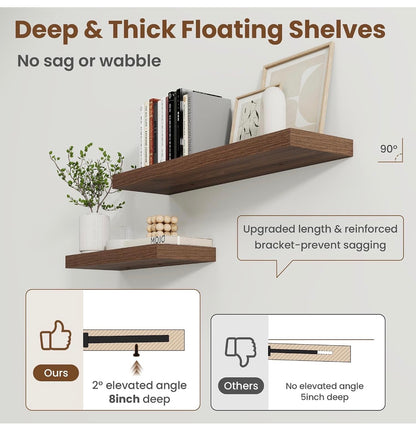 24 Inch Floating Shelves for Wall, 8 Inch Deep, Invisible Brackets, Walnut Rustic Wall Mounted Shelf, Storage & Display, Wooden Shelves for Living Room, Kitchen, Bathroom and Home Decor Set of 2 (New in Box)