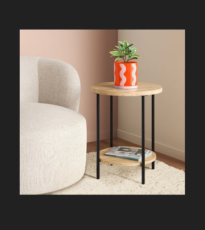 Wood and Metal Small Round Side Table (Natural Finish) (Assembly Required) (New in Box)