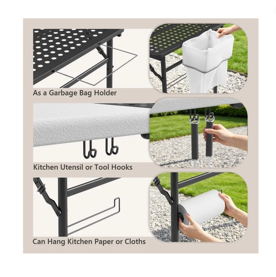 5 Foot Folding Camping table with Metal Grid Grilling Surface, Portable Outdoor Grill Stand Table with Handle for BBQ, Grilling, Camping Trip, RV, Pinic, Backyards, Tailgating (New in Box)