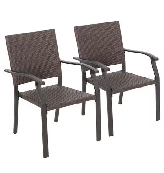 Black wicker and Iron Outdoor Dining Chairs with Powder Coated Finish (2-Pack)