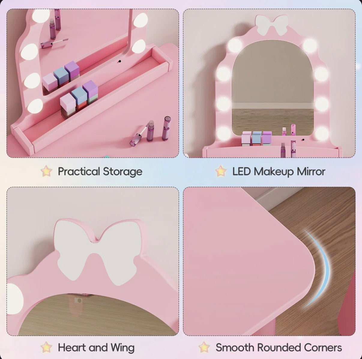 Three Piece Set Kids Vanity Set with Storage Shelf and Hair Salon Play Set (Pink) (New in Box)