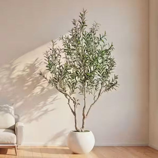 7 ft. Artificial Olive Tree Indoor/Outdoor, Faux Olive Plant in Round White Planter