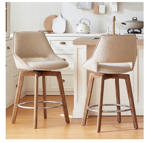 Swivel Counter Height Bar Stools, 26 Inch Sand Colored Bar Stools Set of 2, Solid Wood Legs, Comfortable Fabric, Suitable for Kitchen Island (New in Box)