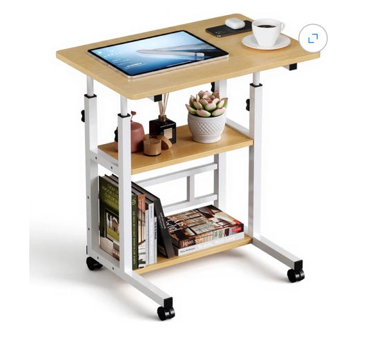 Portable rolling Desk on Wheels, Height Adjustable Desk with 2 Tier Storage Shelves, Standing Table for Office (Natural color) (New in Box)