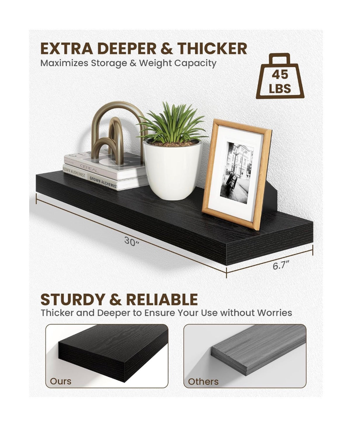 Marsmiles 30 Inch Floating Shelves for Wall, Wooden Shelves with Invisible Brackets Set of Two, Rustic Farmhouse Wall Mounted Shelf for Kitchen Bathroom Living Room, Study (Black) (New in Box)