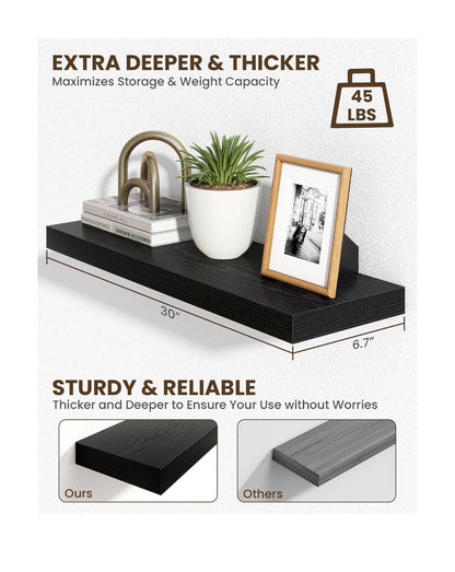 Marsmiles 30 Inch Floating Shelves for Wall, Wooden Shelves with Invisible Brackets Set of Two, Rustic Farmhouse Wall Mounted Shelf for Kitchen Bathroom Living Room, Study (Black) (New in Box)