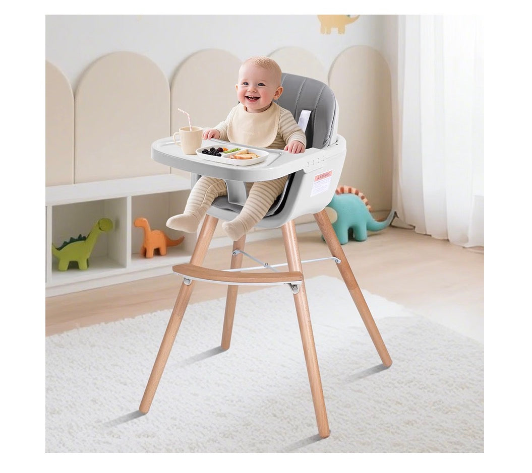 High Chair for Babies and Toddlers, 3-in-1 Convertible Wooden Highchair, Baby High Chair with Adjustable Legs, 5 Point Harness, Footrest, Dishwasher-Safe Tray & PU Leather Cushion (Gray) (New in Box)