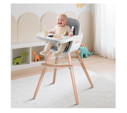 High Chair for Babies and Toddlers, 3-in-1 Convertible Wooden Highchair, Baby High Chair with Adjustable Legs, 5 Point Harness, Footrest, Dishwasher-Safe Tray & PU Leather Cushion (Gray) (New in Box)