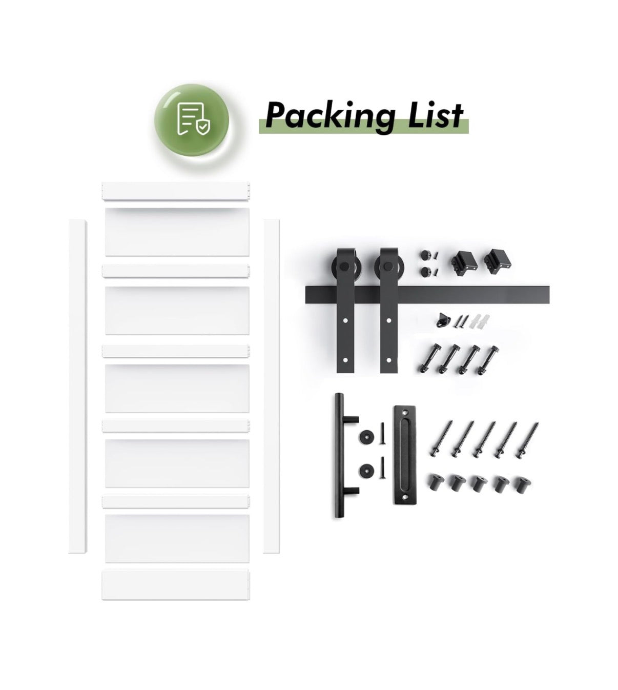 42 Inch X 96 Inch White Barn Door with 7ft Sliding Door Hardware Kit Included & Handle, MDF, Solid PVC Surface, Assembly 5 Panel (New in Box)
