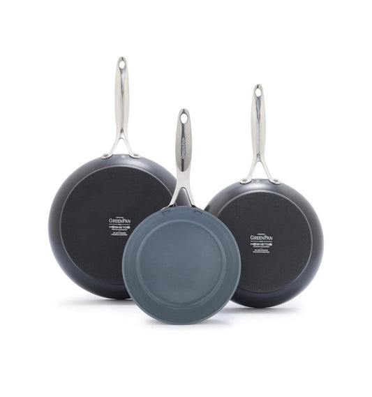 GreenPan Valencia Pro 3 Piece 8 Inch, 9.5 Inch and 11 Inch Ceramic Nonstick Skillet Set Frying Pans, PFAS-Free Nonstick, Induction Ready, All Cooktop Compatible, Hard Anodized, Dishwasher Safe and oven Safe Up to 600 Degrees Fahrenheit Safe (Gray) (New in