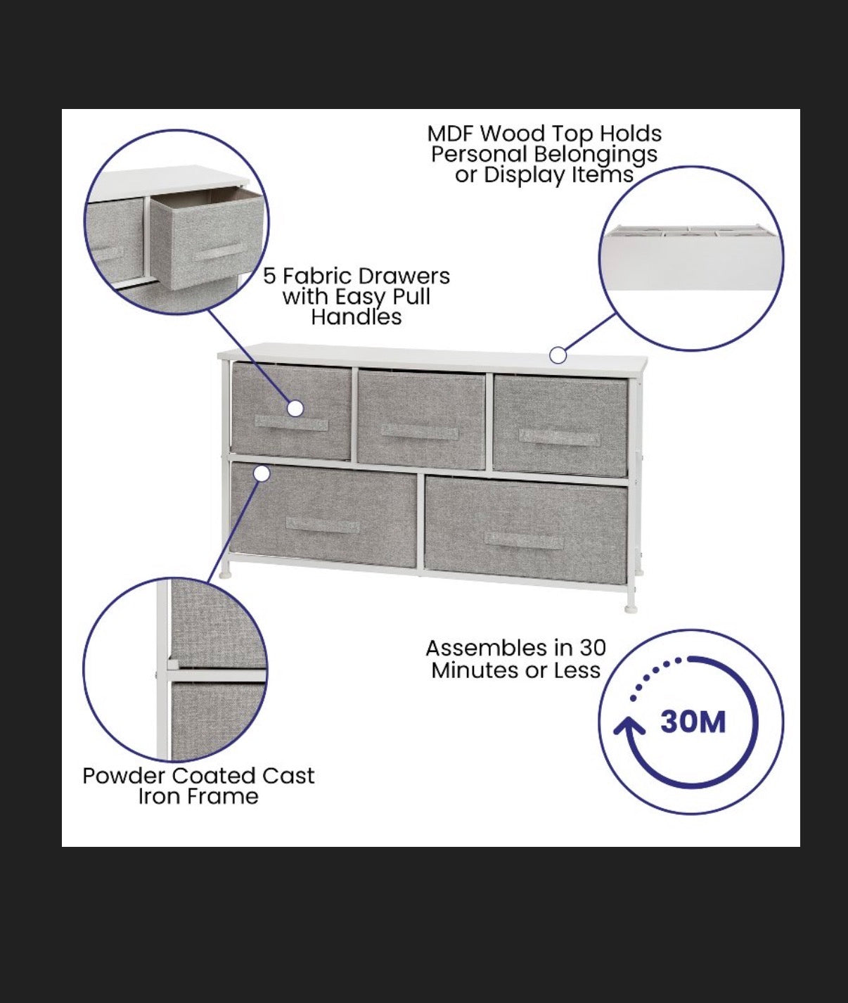 Flash Furniture 5 Drawer Wood Top White Cast Iron Frame Vertical Storage Dresser with Light Gray Easy Pull Fabric Drawers