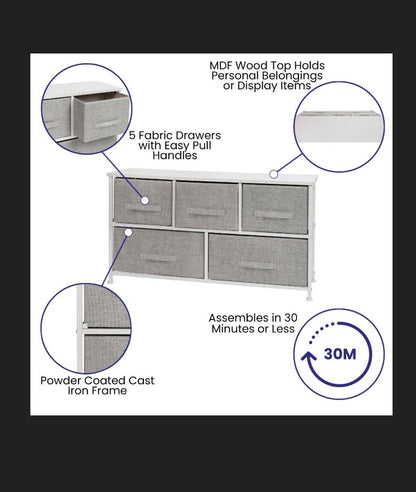 Flash Furniture 5 Drawer Wood Top White Cast Iron Frame Vertical Storage Dresser with Light Gray Easy Pull Fabric Drawers