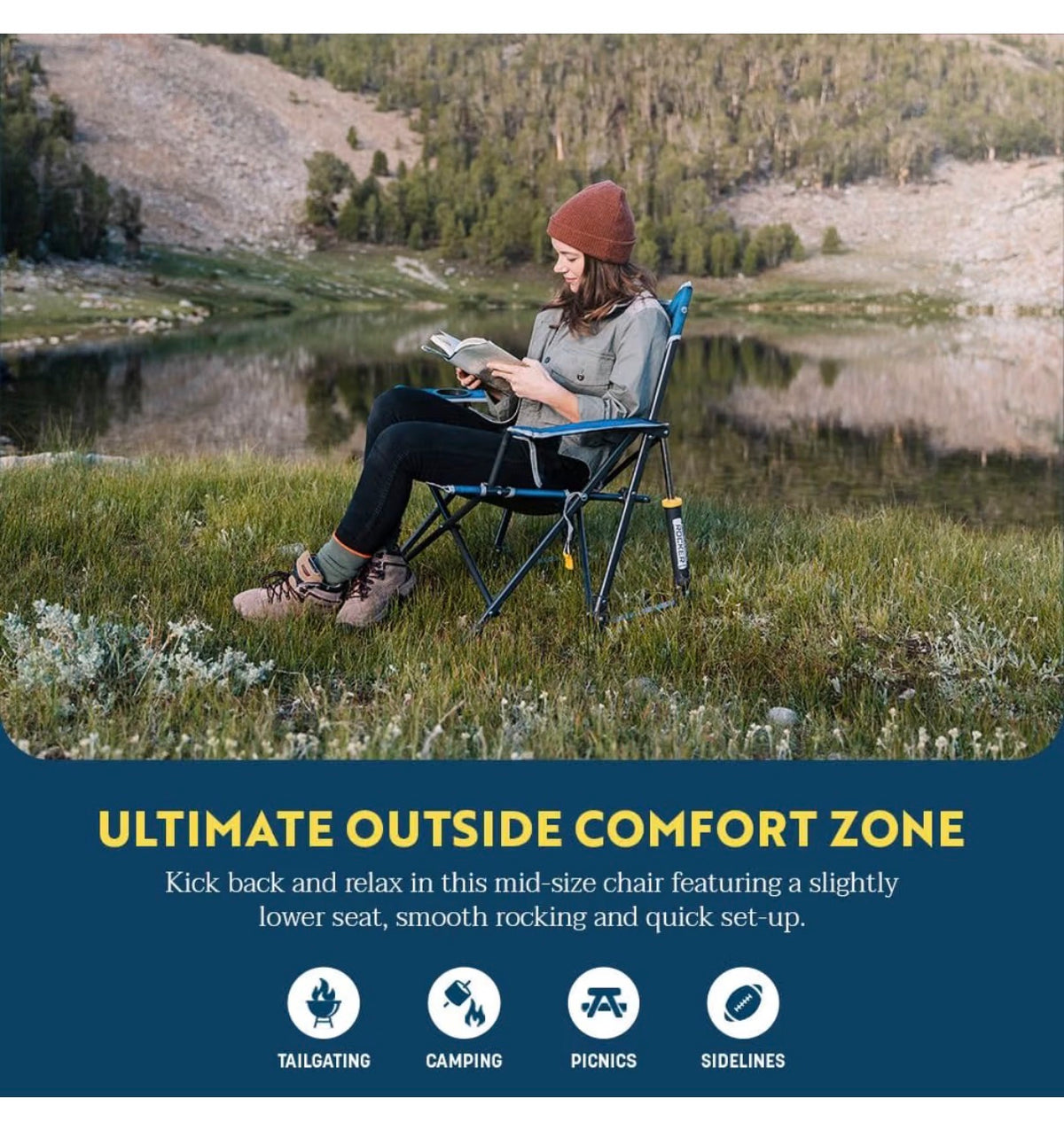 GCI Outdoor Kickback Rocker Camping Chair Portable Folding Rocking Chair with Durable Armrests, Drink Holder & relaxed Lowered Seat for Comfort (Red) (New in Box)