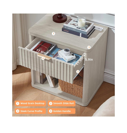 Fluted Nightstands with Charging Station, 23 Inch Wide with 1 Drawer Nightstand, End Table with Open Storage, Farmhouse Bed Side Tables Wood Dresser for Bedroom, Livingroom, Closet (Light Gray) (New in Box; Needs to be Assembled)