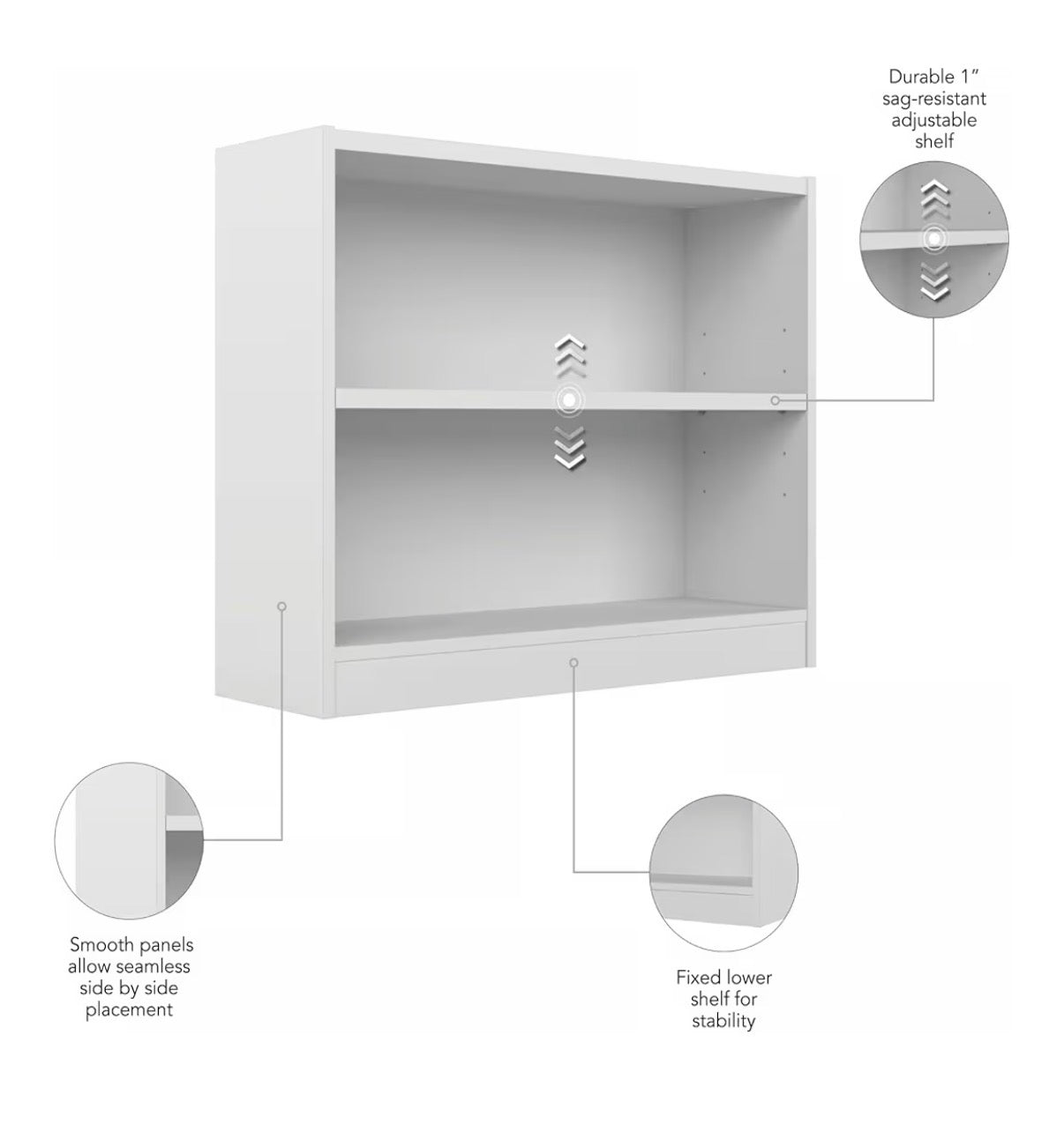 Bush Home Small 2 Shelf Bookcase, 2 Tier Bookshelf Storage Cabinet with Adjustable Shelf for Living Room, Bedroom or Home Office, Universal Collection (White) (New in Box)