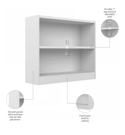 Bush Home Small 2 Shelf Bookcase, 2 Tier Bookshelf Storage Cabinet with Adjustable Shelf for Living Room, Bedroom or Home Office, Universal Collection (White) (New in Box)