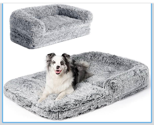 Foldable XL Dog Bed 46 Inch X 34 Inch X 6.5 Inch Faux Fur Fluffy Pet Couch Bed for Large Dogs, Orthopedic Calming Memory Foam Big Pet Bed, Washable Soft Pet Sofa Bed with Non-Slip Bottom (Gray) (New in Box)