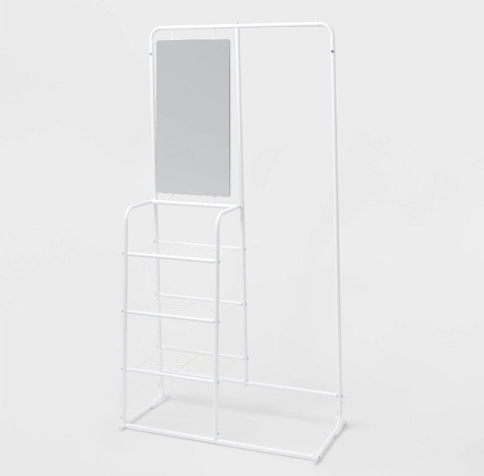Metal Garment Rack with Mirror and Shelving (White) (New in Box; needs to be assembled)