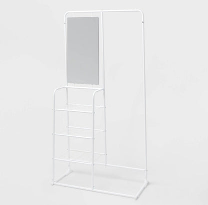 Metal Garment Rack with Mirror and Shelving (White) (New in Box; needs to be assembled)