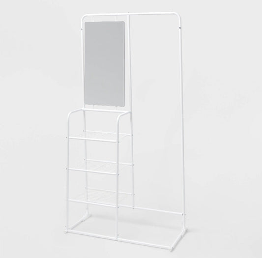 Metal Garment Rack with Mirror and Shelving (White) (New in Box; needs to be assembled)