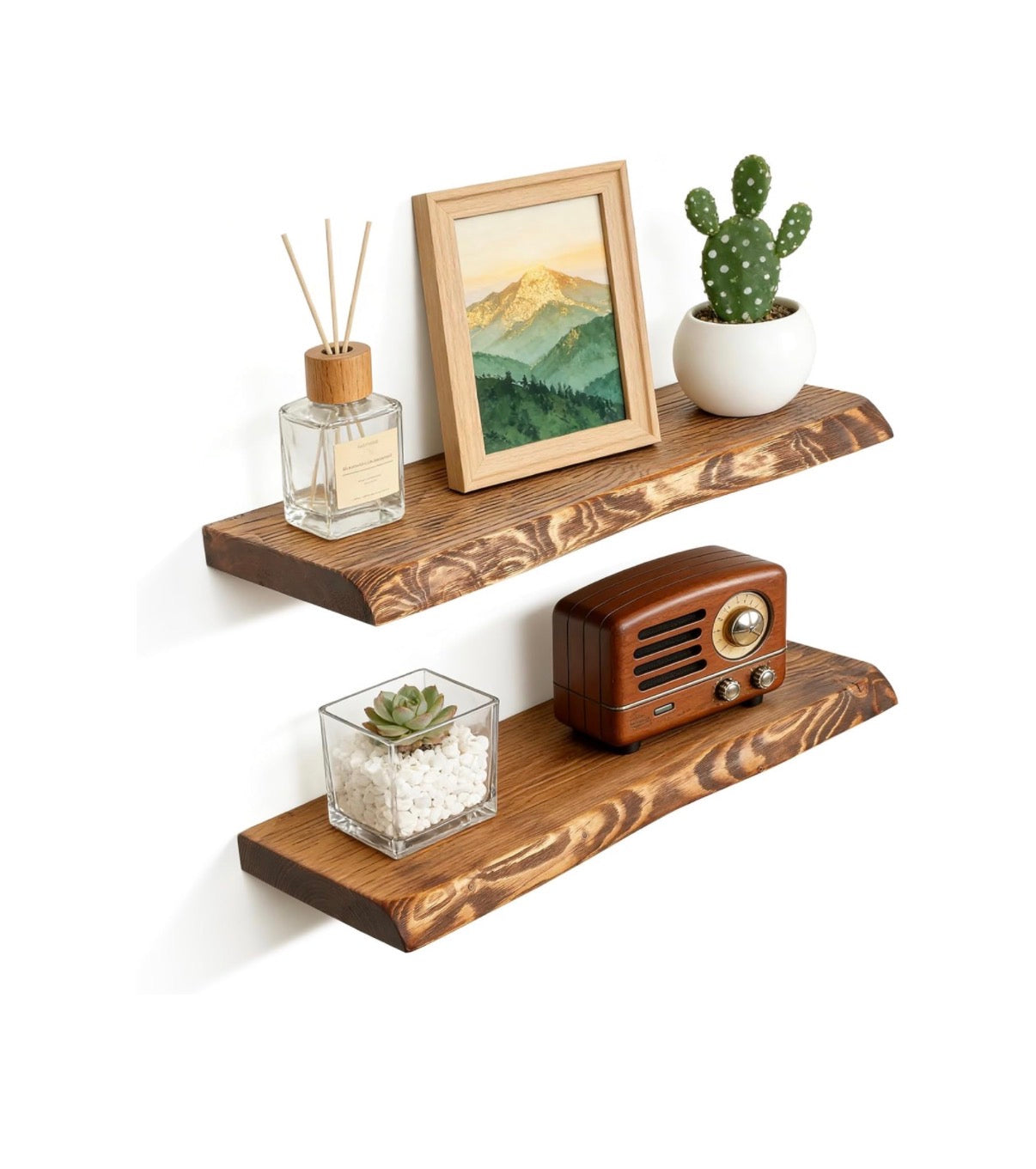 24 Inch Live Edge Floating Shelves for Wall Set of 2, Solid Finish Spruce Natural Wood Floating Shelves, Thick Rustic Edge Shelves for Bathroom, Kitchen, Living Room, Decor (Brown Finish) (New in Box)
